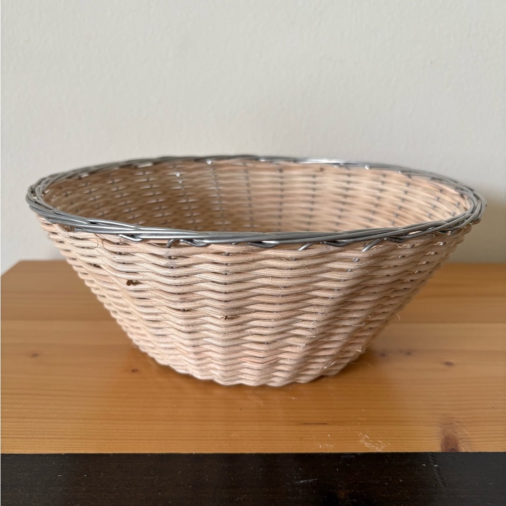 Vintage Wicker & Aluminum Woven Basket Mid-Century Modern Farmhouse Boho